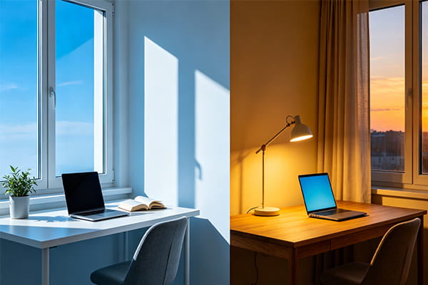 A split-screen image showing cool, bright light in an office during the day and warm, dim light in the evening.